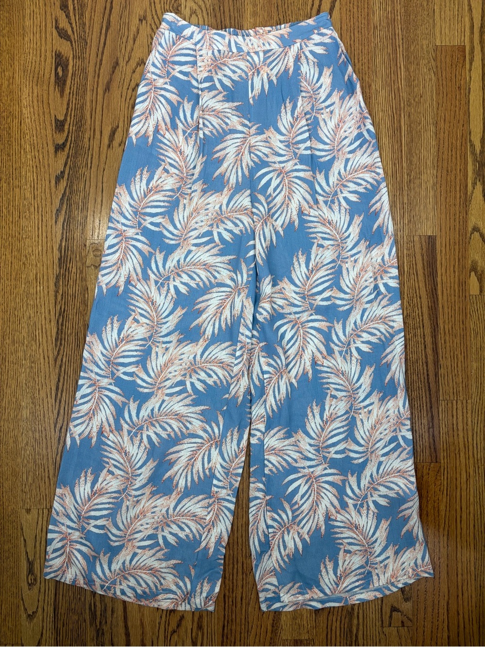 Sadie & Sage Aloha Blue Tropical Leaf Beachy Wide-Leg Pants (S)